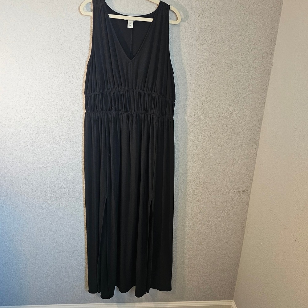 WHBM outlet large‎ black maxi dress side slit cinched waist classic boho